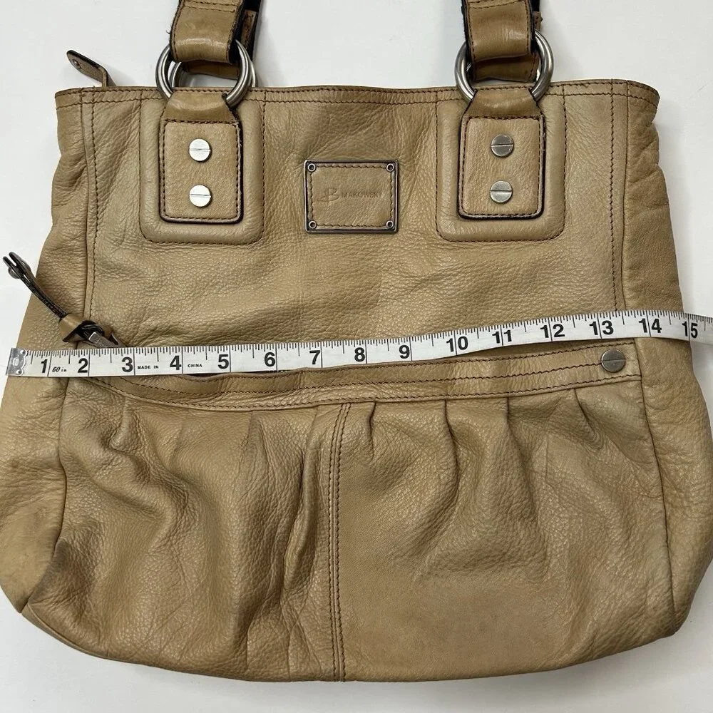 B. Makowsky Tan Leather Shoulder Bag Silver Hardware Leopard Print Lining Hobo